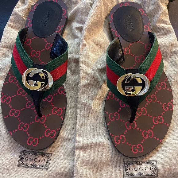 Gucci Interlocking GG Monogram Web Stripe Thong Sandals  Gucci women’s GG thong web sandals. Size 7.